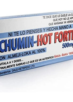 Weißer und blauer rechteckiger chumin-hot fortis 500mg tablettenbox mit rotem und blauem text und spanischen promo-sprüchen