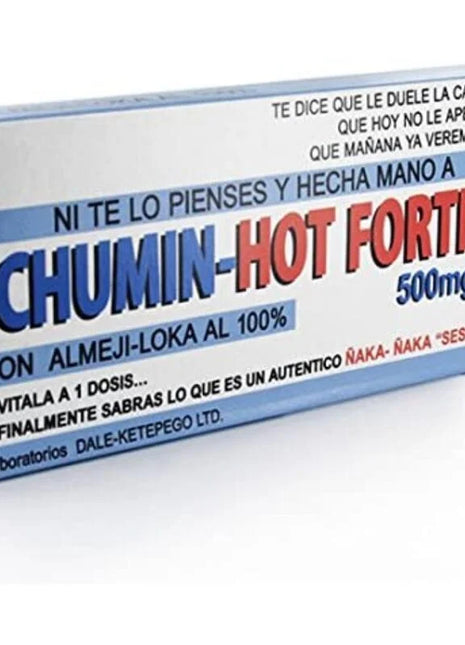 Weißer und blauer rechteckiger chumin-hot fortis 500mg tablettenbox mit rotem und blauem text und spanischen promo-sprüchen