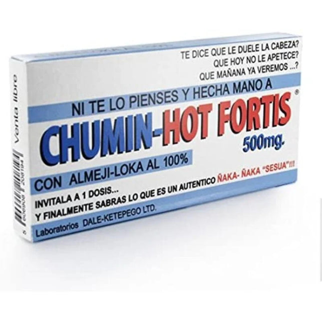 Weißer und blauer rechteckiger chumin-hot fortis 500mg tablettenbox mit rotem und blauem text und spanischen promo-sprüchen