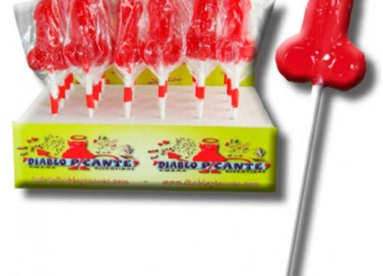 Roter, glänzender gummi-lutscher in phallusform mit weißem stiel von diablo goloso