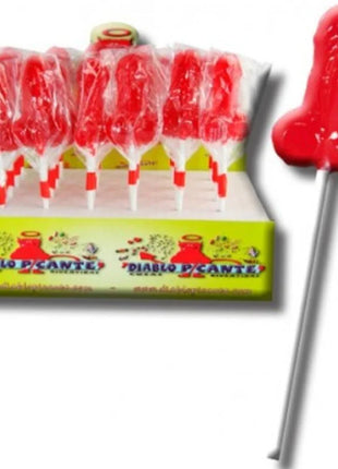 Roter, glänzender gummi-lutscher in phallusform mit weißem stiel von diablo goloso
