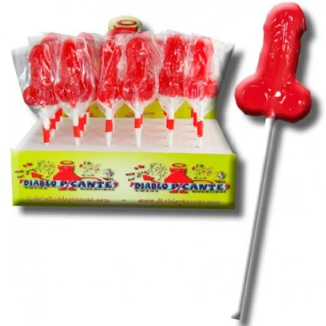 Roter, glänzender gummi-lutscher in phallusform mit weißem stiel von diablo goloso