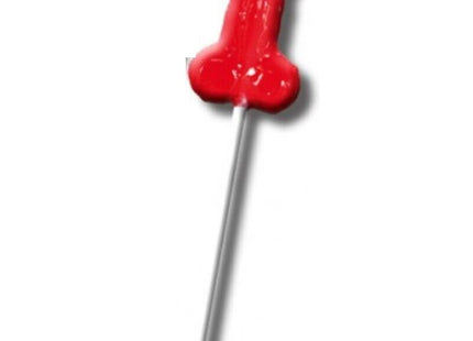 Roter glatter gummi-lutscher diablo goloso in form eines phallus auf dünnem metallstiel
