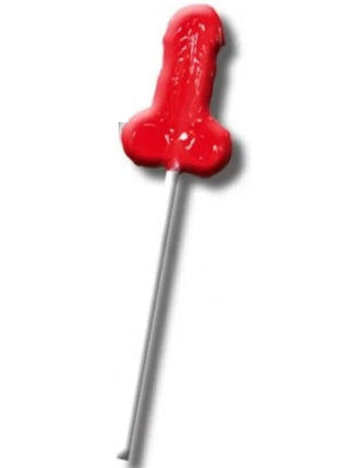 Roter glatter gummi-lutscher diablo goloso in form eines phallus auf dünnem metallstiel