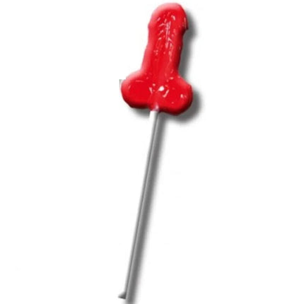 Roter glatter gummi-lutscher diablo goloso in form eines phallus auf dünnem metallstiel