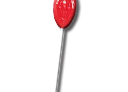 Ein glänzender roter DIABLO GOLOSO gummy lip lollipop mit glatter leicht strukturierter oberfläche und dünnem silbernen stiel