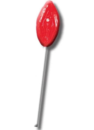 Ein glänzender roter DIABLO GOLOSO gummy lip lollipop mit glatter leicht strukturierter oberfläche und dünnem silbernen stiel