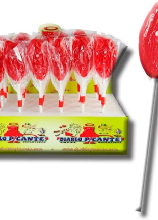 Diablo goloso gummy lip lollipop roter glänzender lutscher mit weißem punkt und silbernem stiel