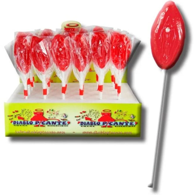 Diablo goloso gummy lip lollipop roter glänzender lutscher mit weißem punkt und silbernem stiel