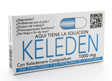 Weiße rechteckige keleden 1000 mg tablettenbox mit blauem text und pillengrafik aus diablo goloso süßigkeitsbox