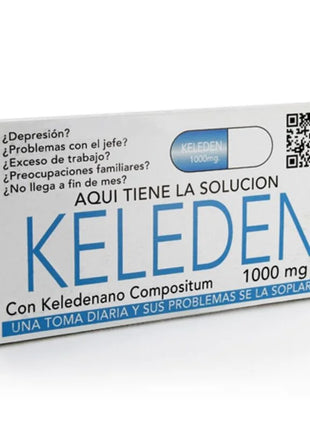 Weiße rechteckige keleden 1000 mg tablettenbox mit blauem text und pillengrafik aus diablo goloso süßigkeitsbox