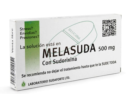 Weiße rechteckige box melasuda 500 mg tabletten mit grünem streifen und pillenabbildung von laboratorio sudaforte ltd