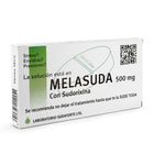 Weiße rechteckige box melasuda 500 mg tabletten mit grünem streifen und pillenabbildung von laboratorio sudaforte ltd