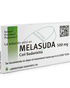 Weiße rechteckige box melasuda 500 mg tabletten mit grünem streifen und pillenabbildung von laboratorio sudaforte ltd