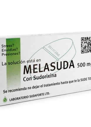 Weiße rechteckige box melasuda 500 mg tabletten mit grünem streifen und pillenabbildung von laboratorio sudaforte ltd