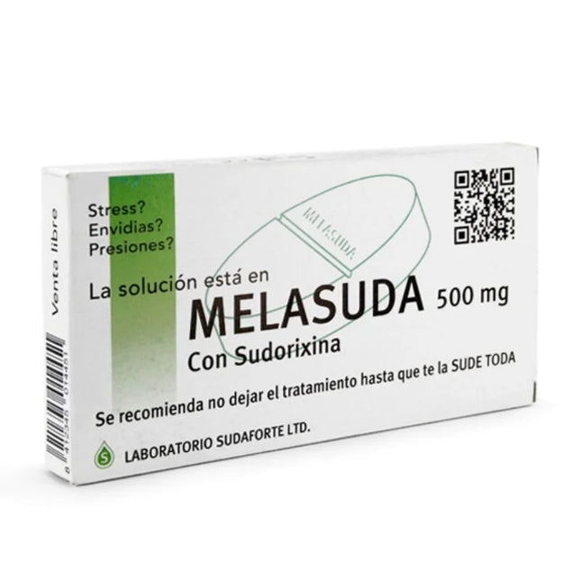 Weiße rechteckige box melasuda 500 mg tabletten mit grünem streifen und pillenabbildung von laboratorio sudaforte ltd