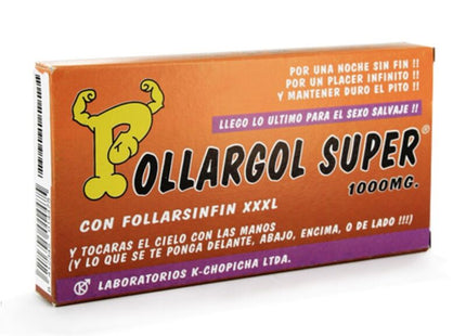 Orange und lila karton mit pollargol super 1000mg tabletten und gelbem cartoon hund für diabolo goloso süßigkeiten box