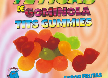Bunte transparente diablo goloso gummisauger bonbons in rot orange grün und gelb in brustform