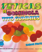 Bunte transparente diablo goloso gummisauger bonbons in rot orange grün und gelb in brustform
