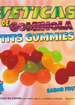 Bunte transparente diablo goloso gummisauger bonbons in rot orange grün und gelb in brustform
