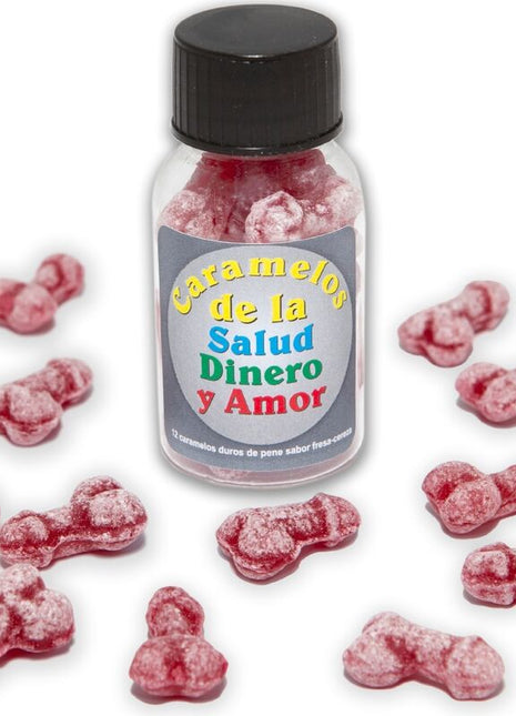 Eine klare glasflasche mit schwarzem deckel enthält rote knochenförmige karamellbonbons zuckerpudrig diablo picante bonbons