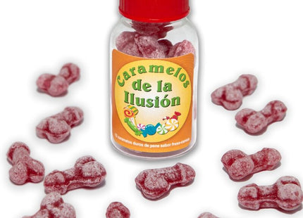 Eine klare glasflasche mit rotem verschluss und orangem etikett caramelos de la ilusión gefüllt mit rosa penisförmigen bonbons diablo picante erdbeere kirsche