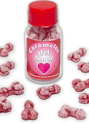 Ein klarer glasflasche mit rotem verschluss und pinkem etikett enthält rosa, knochenförmige karamellen zuckerstaubiert diablo picante liebensbonbons erdbeere kirsche