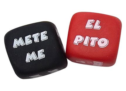 Diablo picante aktionwürfel in schwarz und rot mit weißen buchstaben mete me und el pito für spieleinsatz