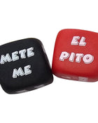 Diablo picante aktionwürfel in schwarz und rot mit weißen buchstaben mete me und el pito für spieleinsatz