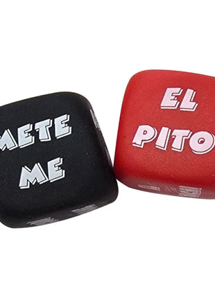 Diablo picante aktionwürfel in schwarz und rot mit weißen buchstaben mete me und el pito für spieleinsatz