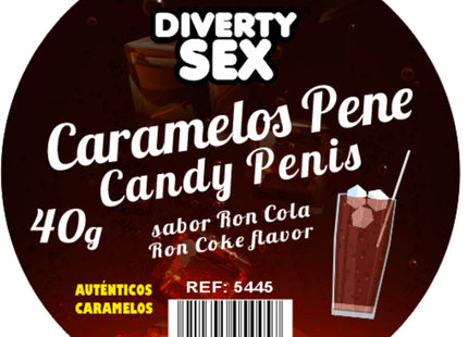Dunkelbraunes rundes etikett für diverty sex caramelos pene bonbons 40g mit ron-cola aroma diablo picante