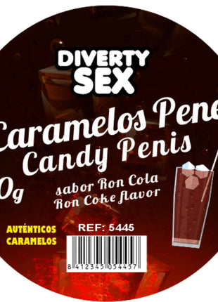 Dunkelbraunes rundes etikett für diverty sex caramelos pene bonbons 40g mit ron-cola aroma diablo picante