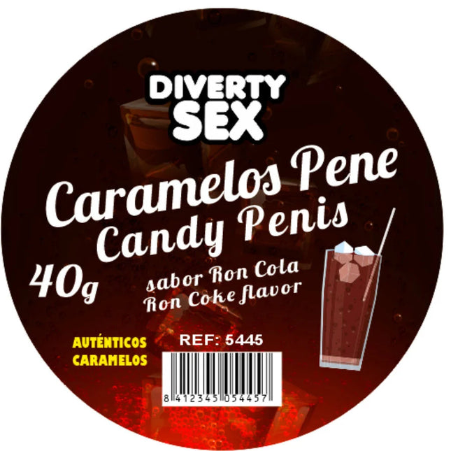 Dunkelbraunes rundes etikett für diverty sex caramelos pene bonbons 40g mit ron-cola aroma diablo picante