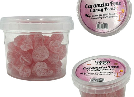 Diablo Picante 20 penisbonbons rosa transluzent mit gin tonic geschmack in klarem plastikbehälter mit weißem deckel