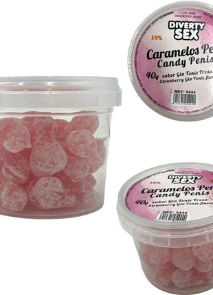 Diablo Picante 20 penisbonbons rosa transluzent mit gin tonic geschmack in klarem plastikbehälter mit weißem deckel