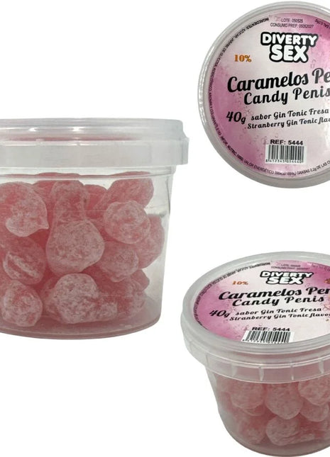 Diablo Picante 20 penisbonbons rosa transluzent mit gin tonic geschmack in klarem plastikbehälter mit weißem deckel
