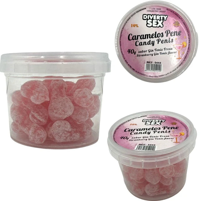 Diablo Picante 20 penisbonbons rosa transluzent mit gin tonic geschmack in klarem plastikbehälter mit weißem deckel
