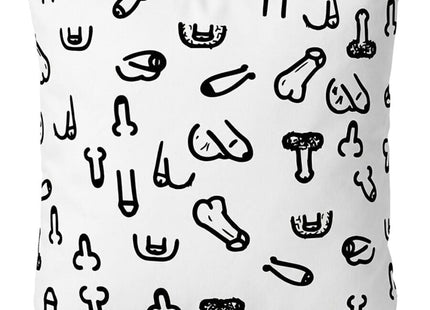 Weißes 30 x 30 cm peniskissen mit schwarzen doodle-stil penis- und hodenillustrationen von diablo picante