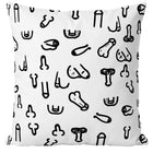Weißes 30 x 30 cm peniskissen mit schwarzen doodle-stil penis- und hodenillustrationen von diablo picante