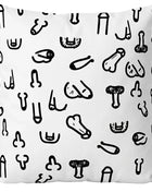 Weißes 30 x 30 cm peniskissen mit schwarzen doodle-stil penis- und hodenillustrationen von diablo picante