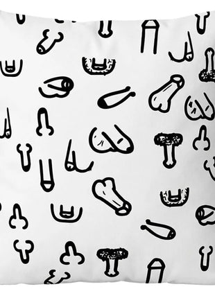 Weißes 30 x 30 cm peniskissen mit schwarzen doodle-stil penis- und hodenillustrationen von diablo picante
