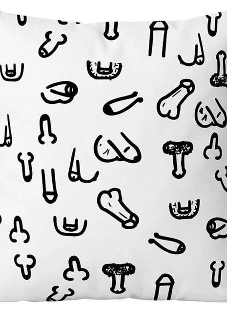 Weißes 30 x 30 cm peniskissen mit schwarzen doodle-stil penis- und hodenillustrationen von diablo picante