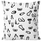 Weißes 30 x 30 cm peniskissen mit schwarzen doodle-stil penis- und hodenillustrationen von diablo picante