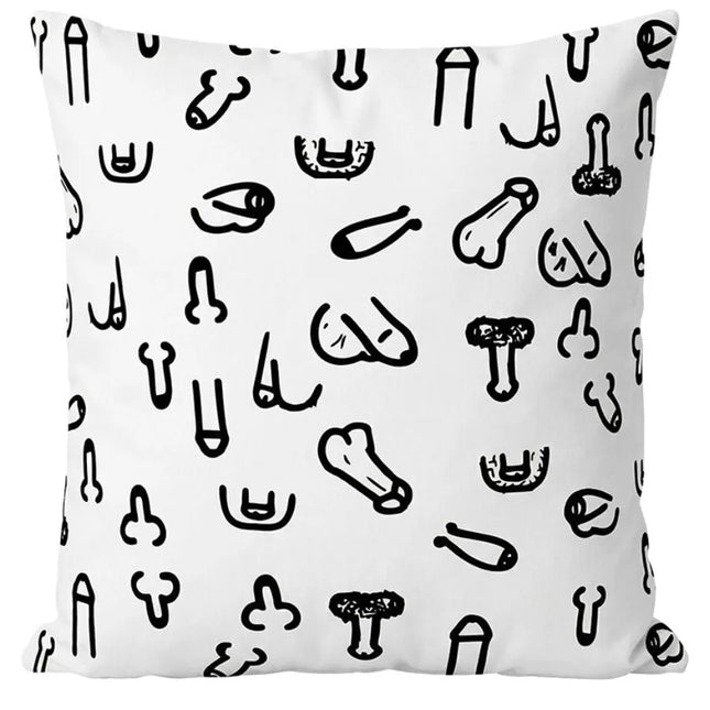 Weißes 30 x 30 cm peniskissen mit schwarzen doodle-stil penis- und hodenillustrationen von diablo picante