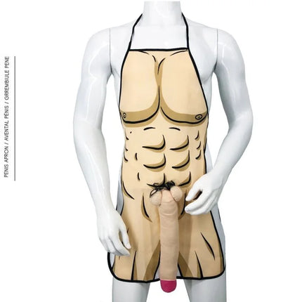 Beige cartoonartige 3d-penis-schürze diablo picante mit schwarzer kontur und rosa spitze für humorvolle zwecke