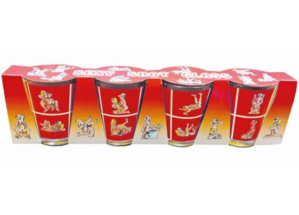 Rote shotgläser aus klarem glas mit schwarzen rändern und bunten kamasutra-cartoonmotiven im diablo picante set