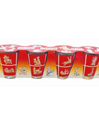 Rote shotgläser aus klarem glas mit schwarzen rändern und bunten kamasutra-cartoonmotiven im diablo picante set