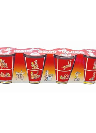 Rote shotgläser aus klarem glas mit schwarzen rändern und bunten kamasutra-cartoonmotiven im diablo picante set