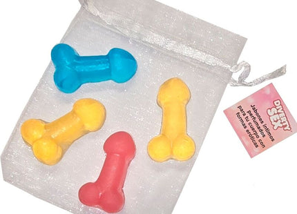Bunte, durchscheinende silikonseifen in knochen- und penisform aus diabolo picante mini-duftseifen set