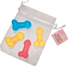 Bunte, durchscheinende silikonseifen in knochen- und penisform aus diabolo picante mini-duftseifen set